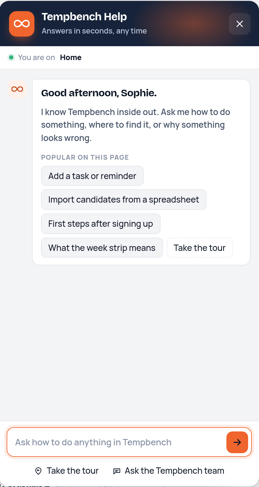 The Help assistant panel open on the home screen with suggested questions such as import candidates from a spreadsheet and what the week strip means, and buttons to take the tour or ask the Tempbench team