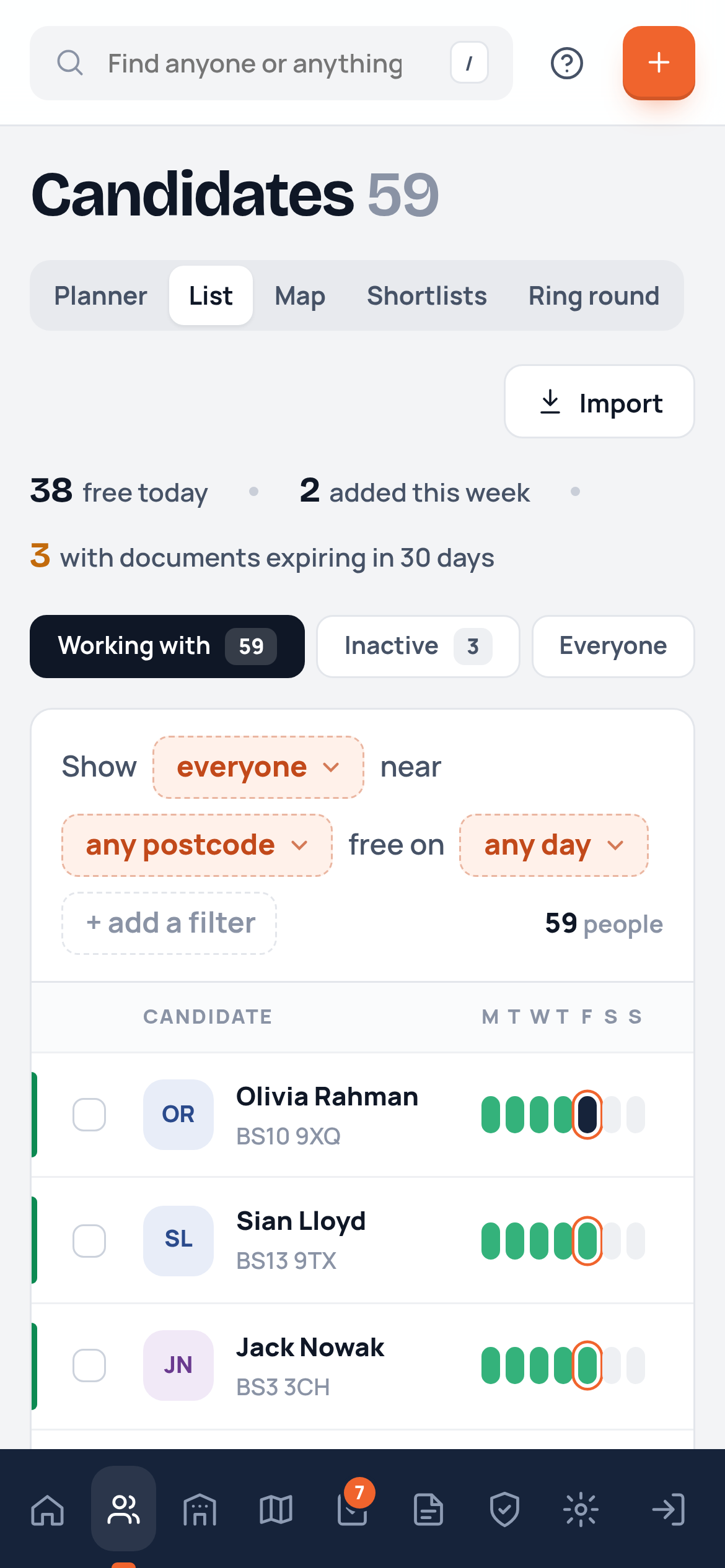 The candidate list on a phone: each person with a week strip, today ringed in orange