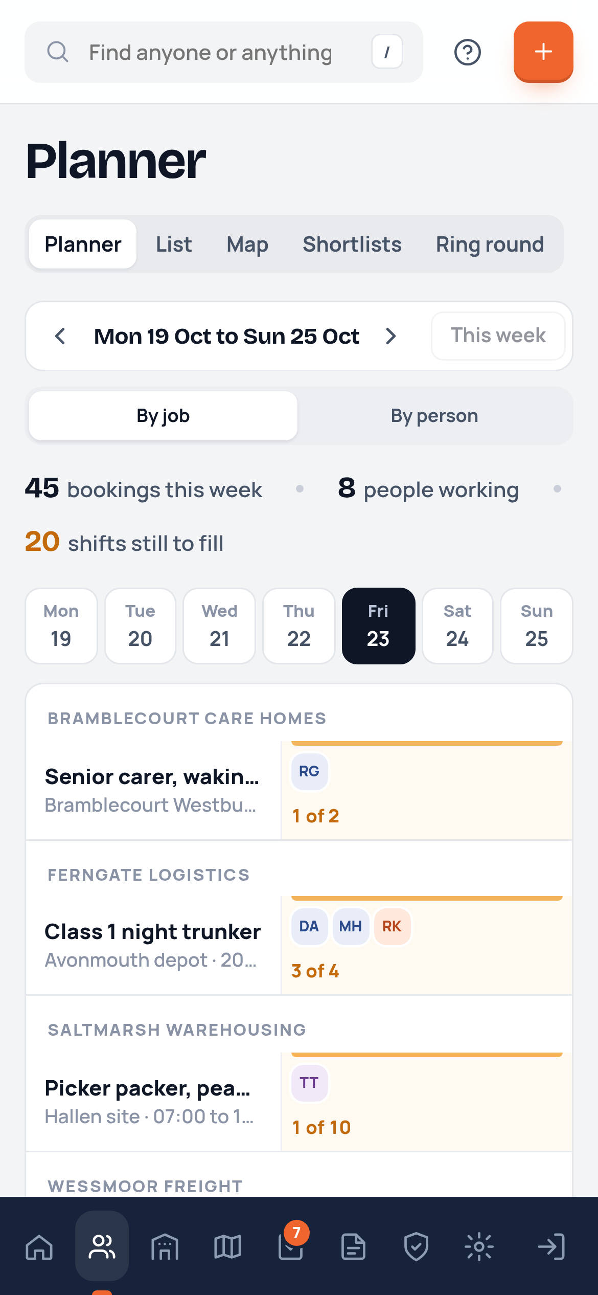 The week planner on a phone, showing Friday with each job and how many are booked