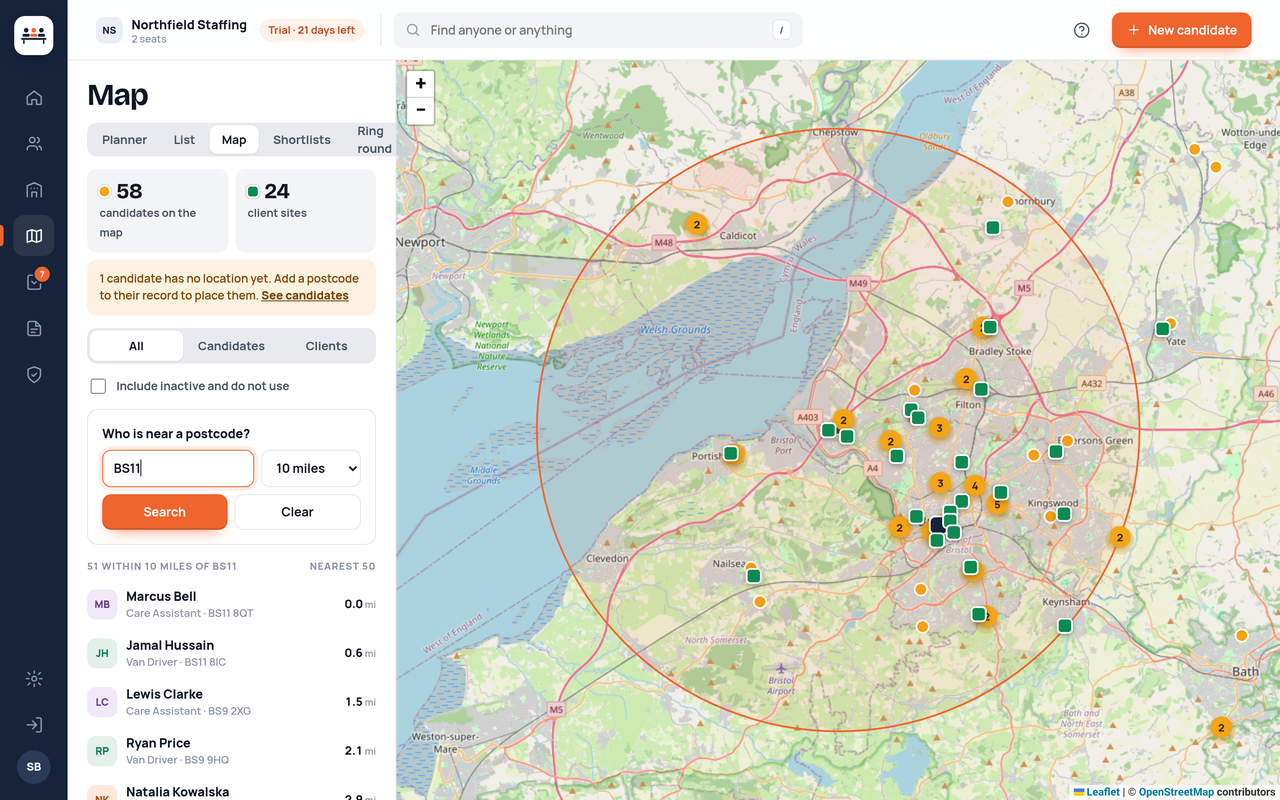 The map with candidates and client sites around Bristol and a 10 mile circle from BS11, with the nearest people listed