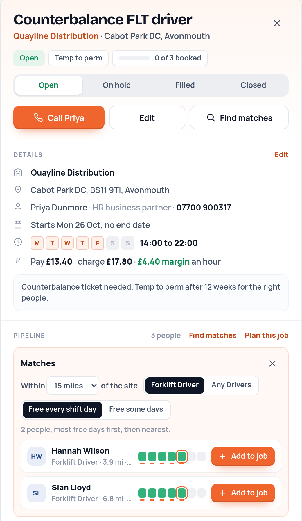 Find matches on a counterbalance forklift job: within 15 miles of the site, forklift drivers only, free every shift day, with Add to job buttons