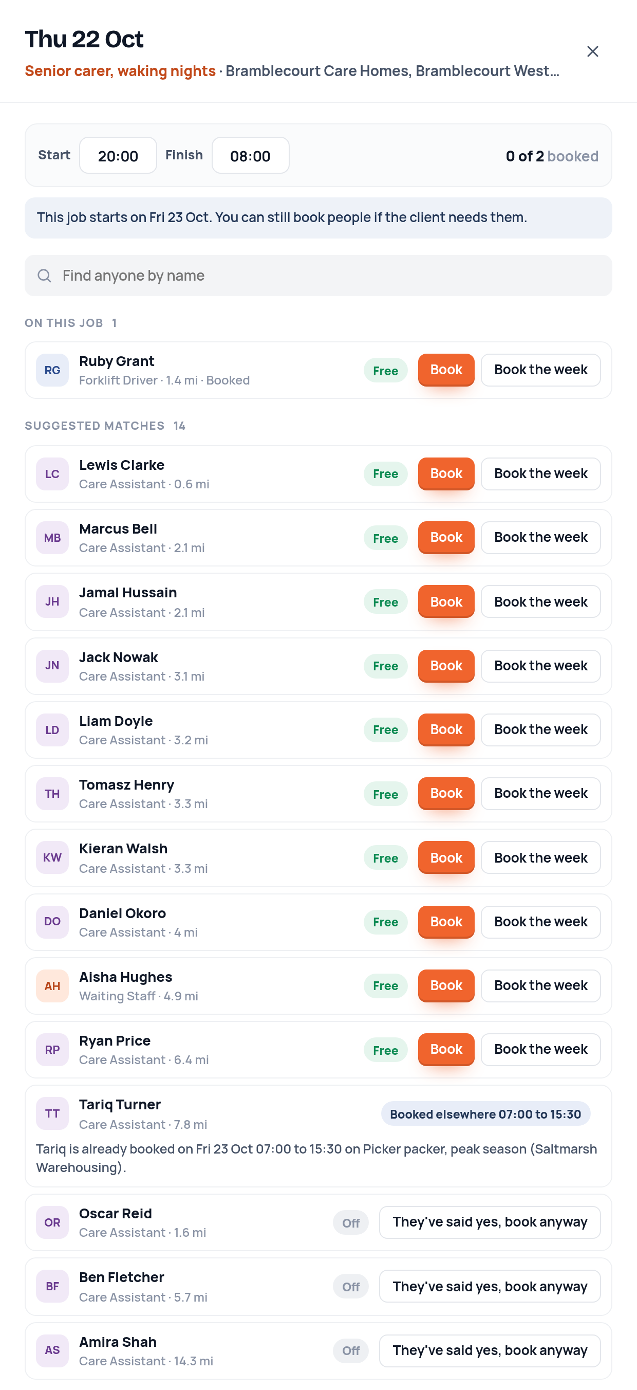 Booking panel for a waking night shift on Thursday: start and finish times, 0 of 2 booked, a list of free care assistants with Book and Book the week, one person booked elsewhere, and three people who are off with a They've said yes button