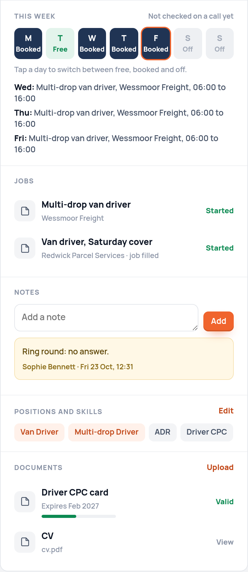 Part of a van driver's record: this week, jobs, a ring round note, positions and skills, and documents with a Driver CPC card valid until February 2027 and a CV