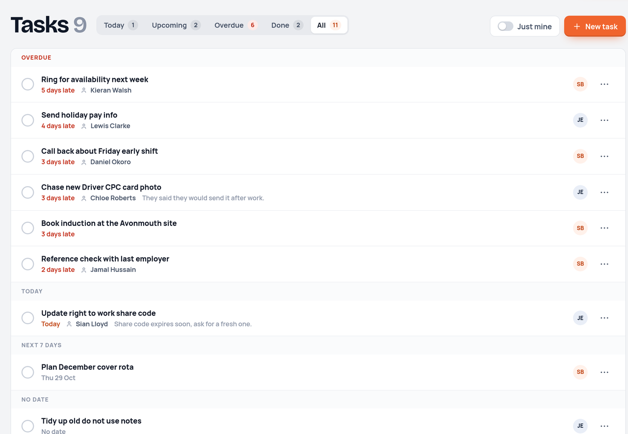 Tasks grouped into overdue, today and next seven days, each linked to a candidate and a teammate