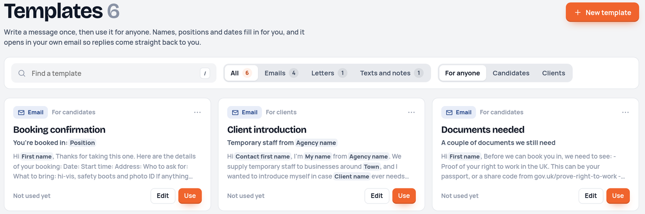 Message templates: booking confirmation, client introduction, documents needed, registration welcome and shift offer, each with Edit and Use buttons